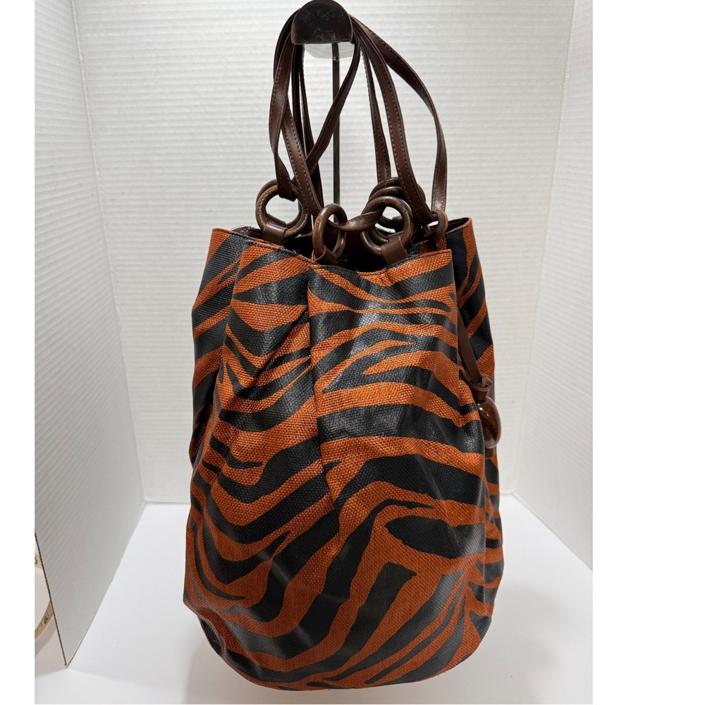 Alfredo Picchi Bucket Bag Zebra‎ Woven Leather Trim Boho Y2K Safari Quiet Luxury - Picture 5 of 11